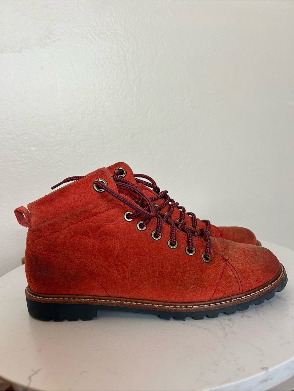 Coach Ester Signature Suede Lace Up Ankle Boots Rust Orange